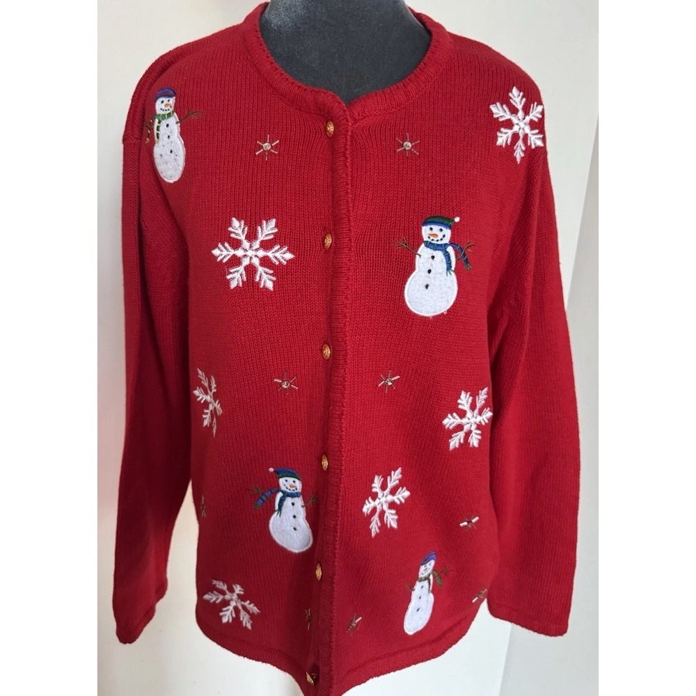 Vtg Crystal Kobe SnowmenSnowflake Red Christmas Cardigan Sweater L Novelty